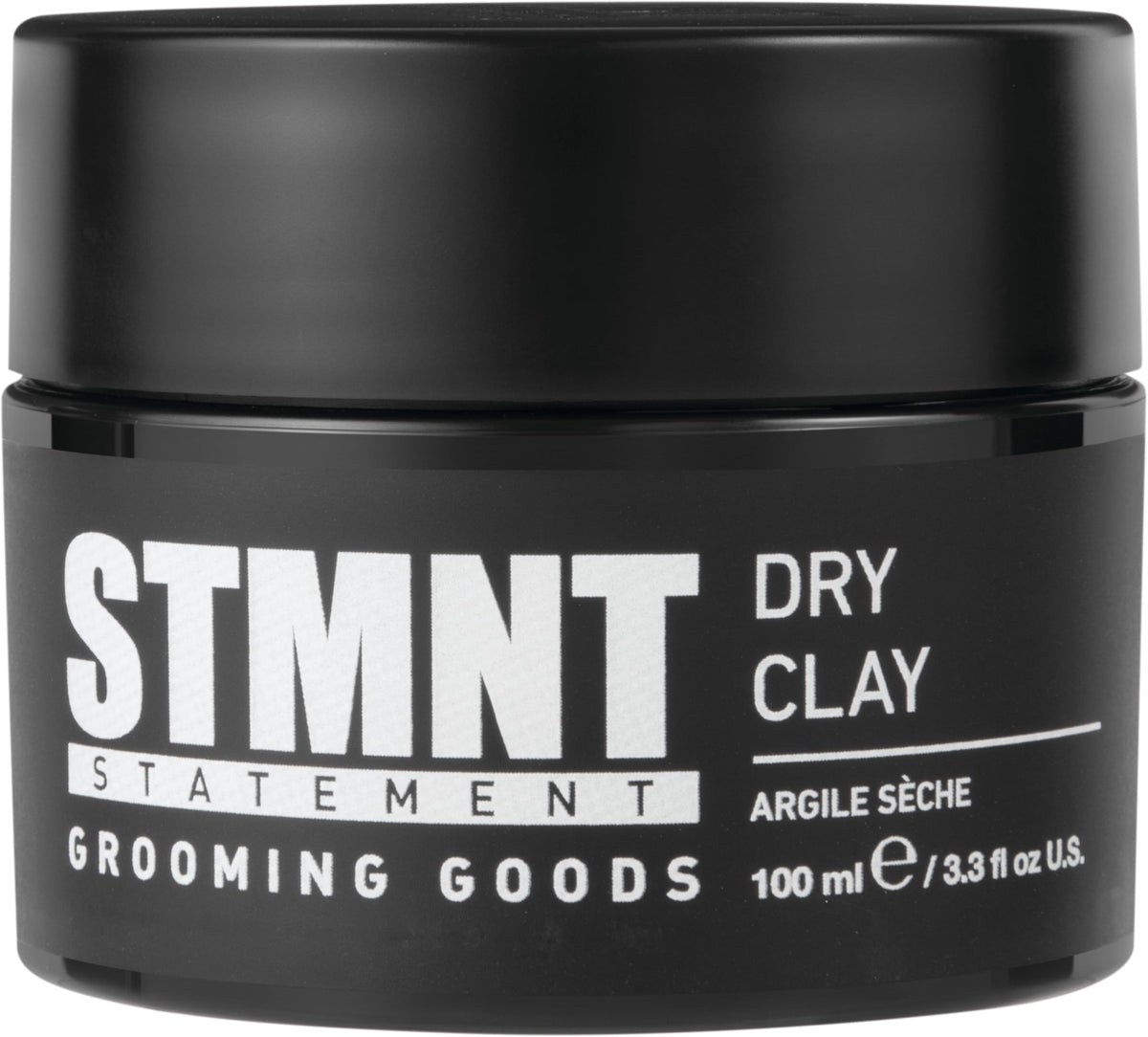 STMNT dry clay front jar showing label and matte packaging benefit: clear product identity