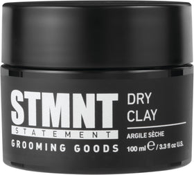 STMNT dry clay front jar showing label and matte packaging benefit: clear product identity