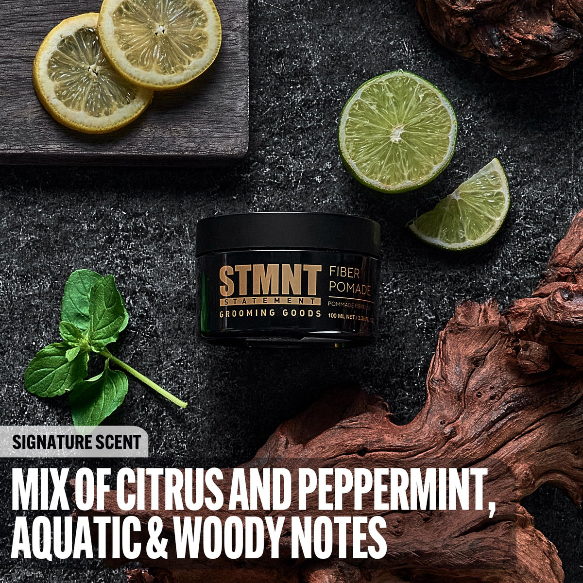 STMNT pomade open tin closeup showing fibrous texture for easy pickup