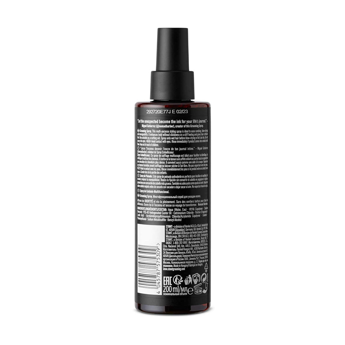 STMNT grooming spray nozzle close-up illustrating fine mist delivery