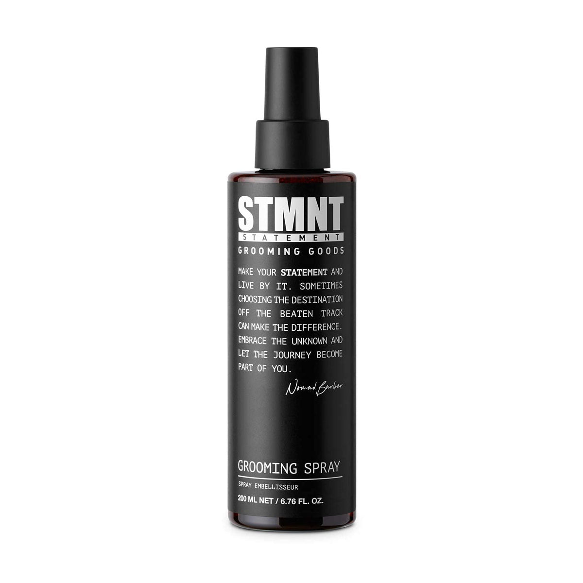 STMNT grooming spray front packaging showing product benefits