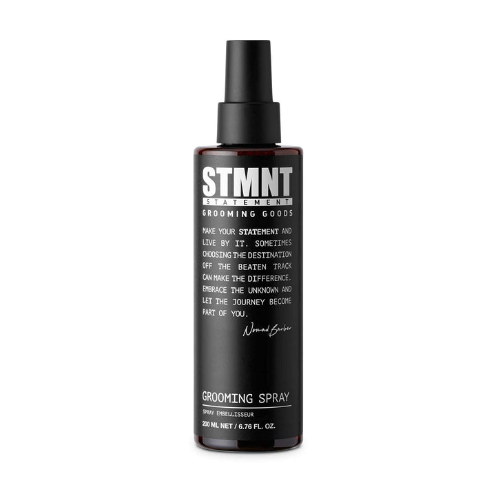 STMNT grooming spray front packaging showing product benefits