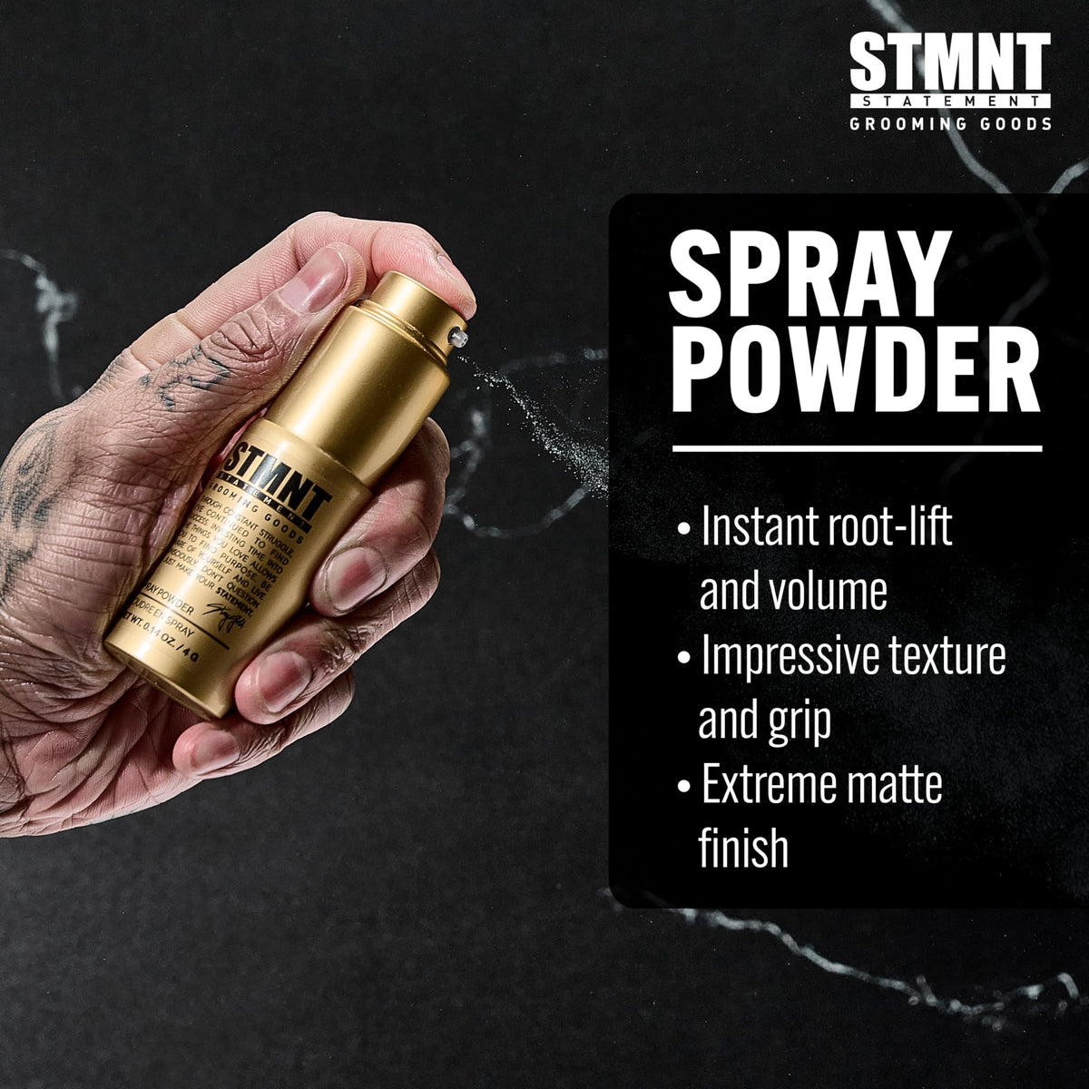 STMNT being sprayed at roots on dry hair to create lift and volume