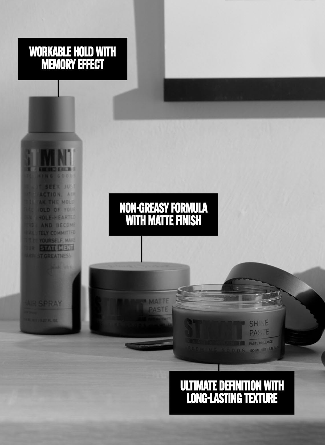 STMNT styled hair in lifestyle scene, illustrating volume and matte finish benefit