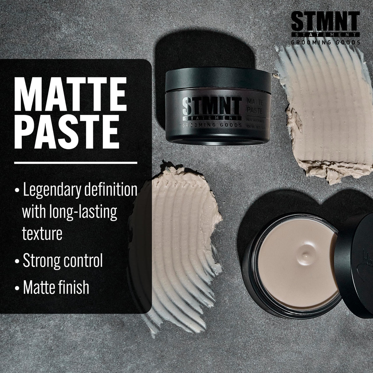 STMNT open jar close-up of paste texture for dry matte styling benefit