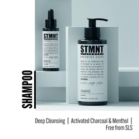 STMNT pump dispensing shampoo highlighting easy-use 25.3 oz size and control