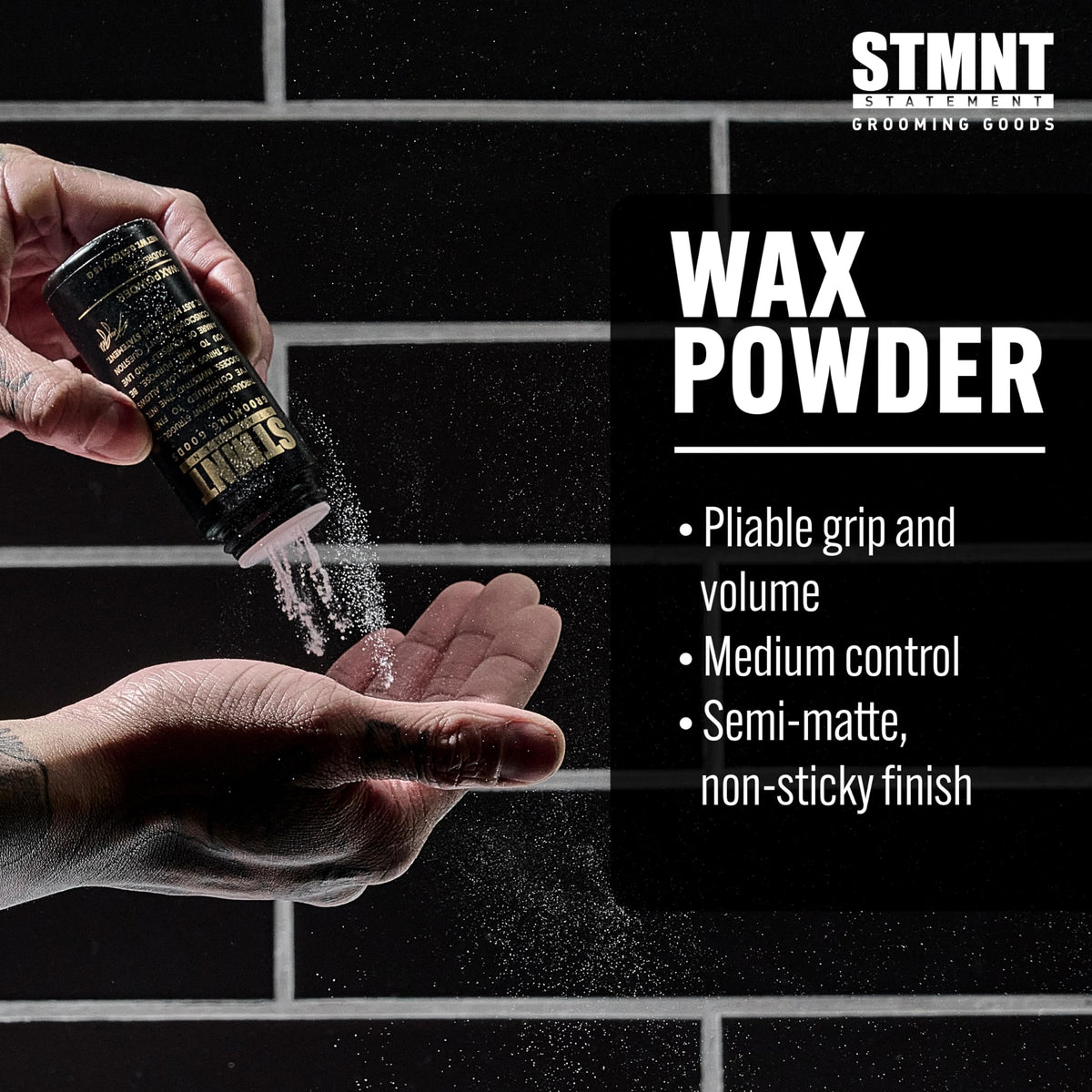 STMNT hands applying powder to palms to show quick activation and control