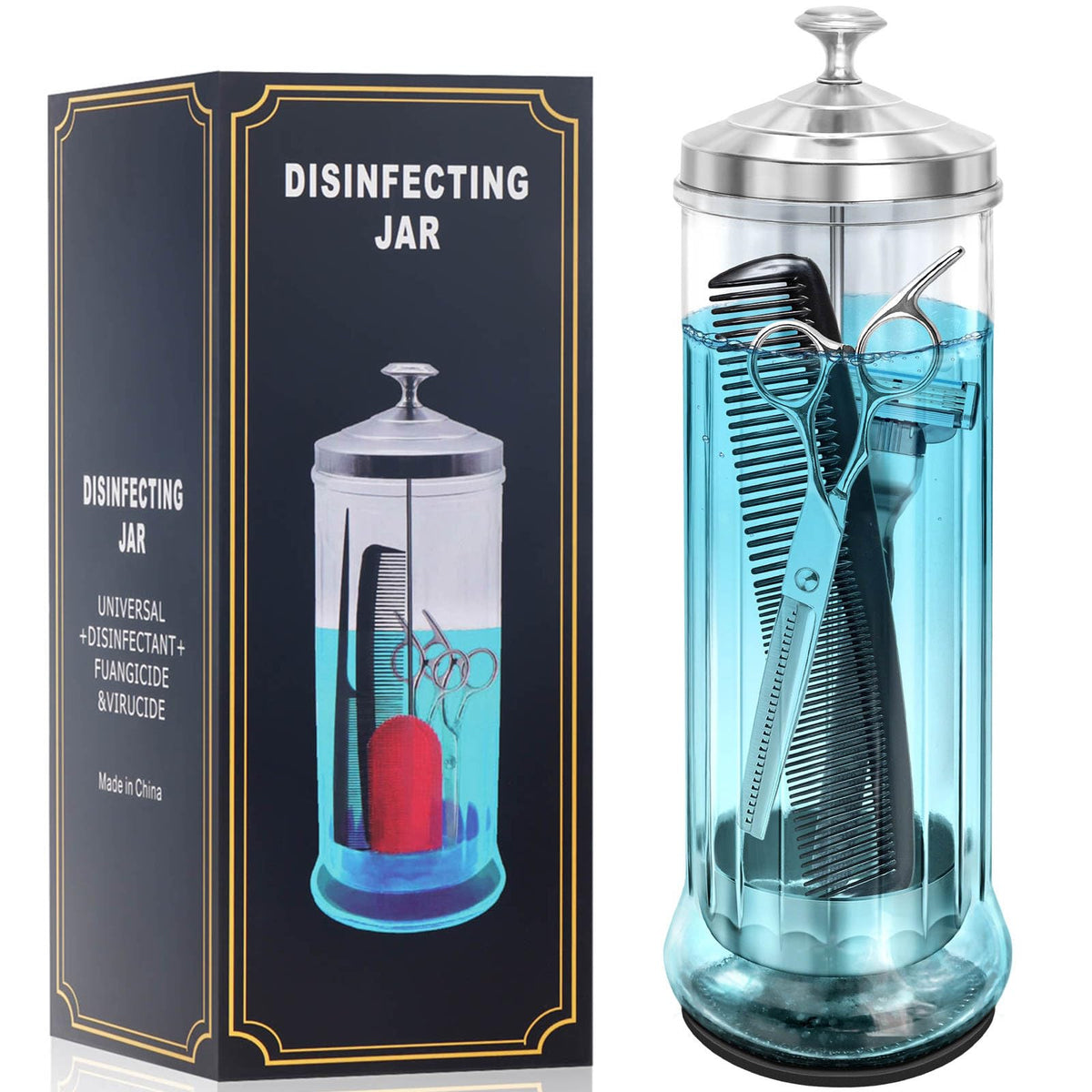 STNFAREBI front view glass disinfectant jar shows clear storage and tidy look