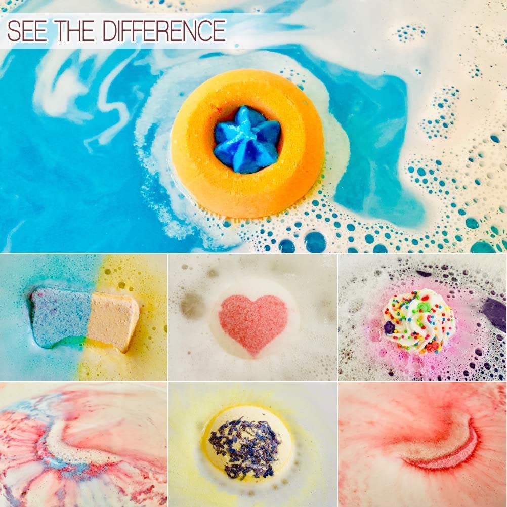 STNTUS INNOVATIONS close-up of bath bomb surface texture highlighting shea butter and color swirls
