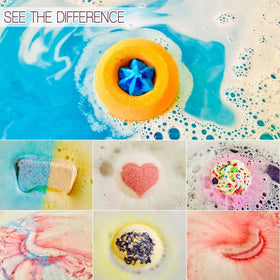 STNTUS INNOVATIONS close-up of bath bomb surface texture highlighting shea butter and color swirls