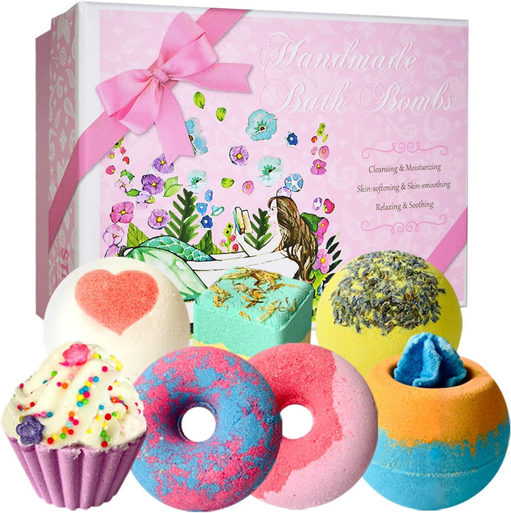 STNTUS INNOVATIONS front packaging showing seven colorful bath bombs and branding for gifting