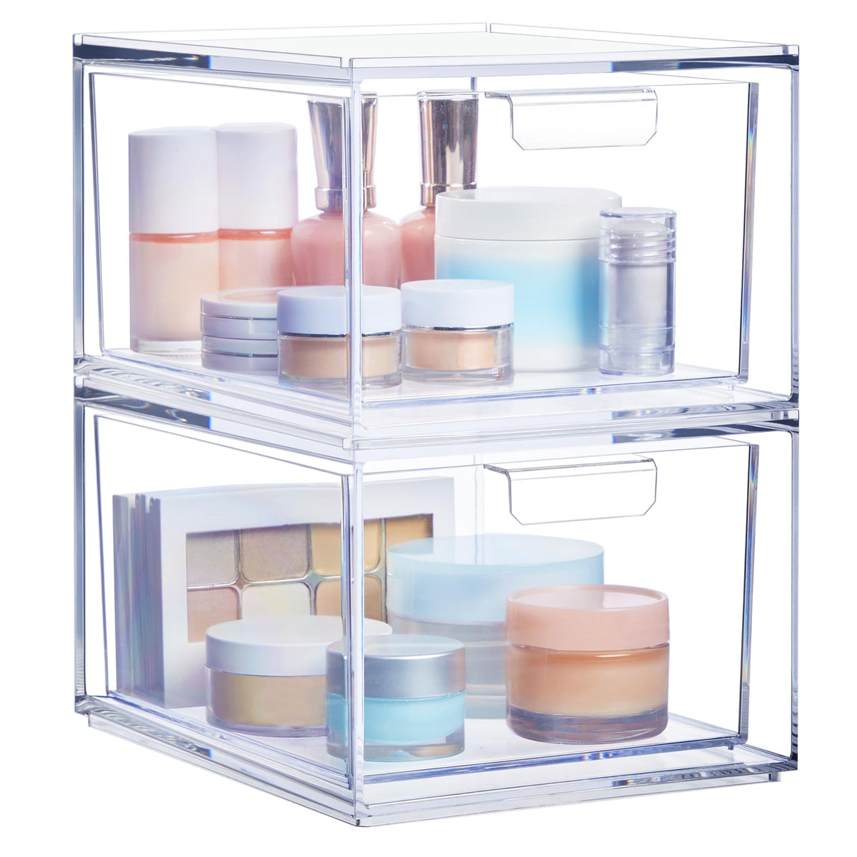 STORi Audrey front view showing two clear stackable drawers and tidy cosmetics