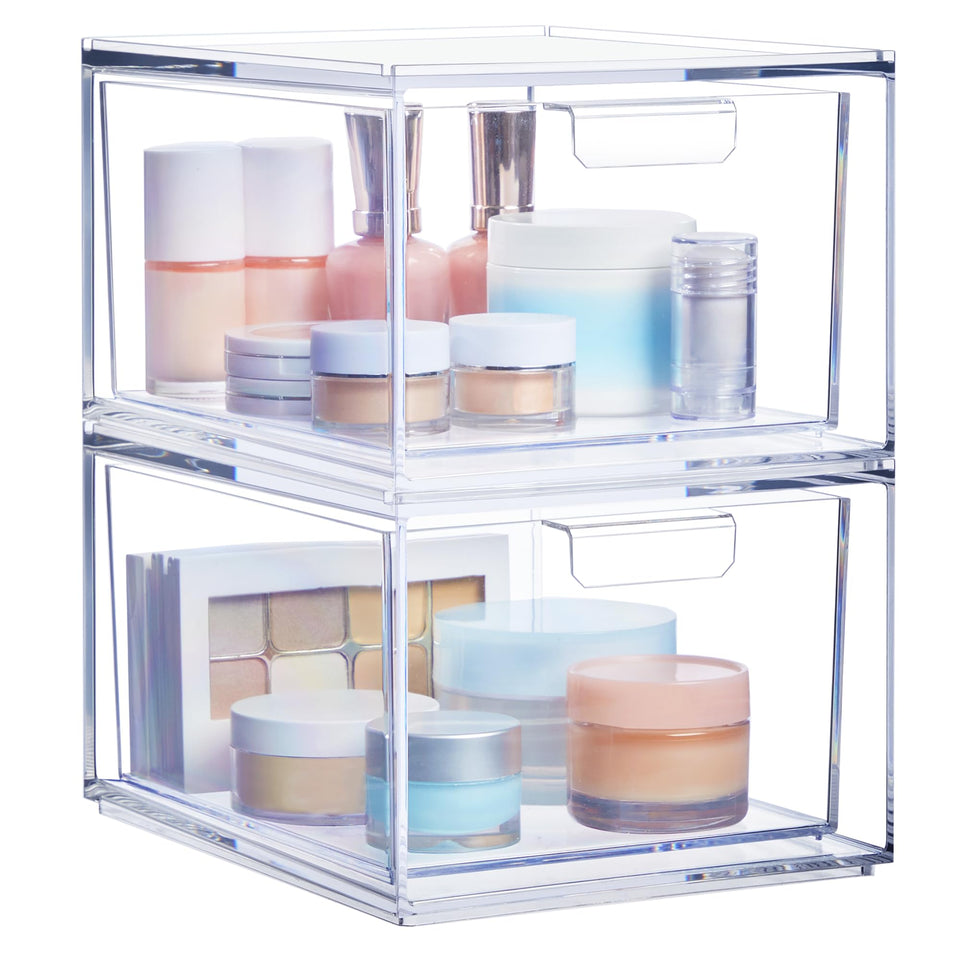STORi Audrey front view showing two clear stackable drawers and tidy cosmetics
