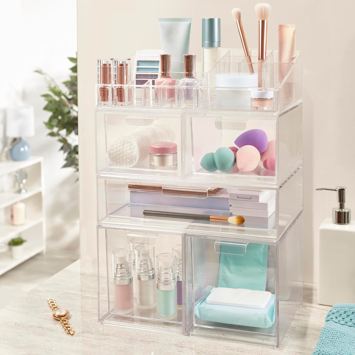 STORi on a vanity in use with brushes and bottles for faster morning routines