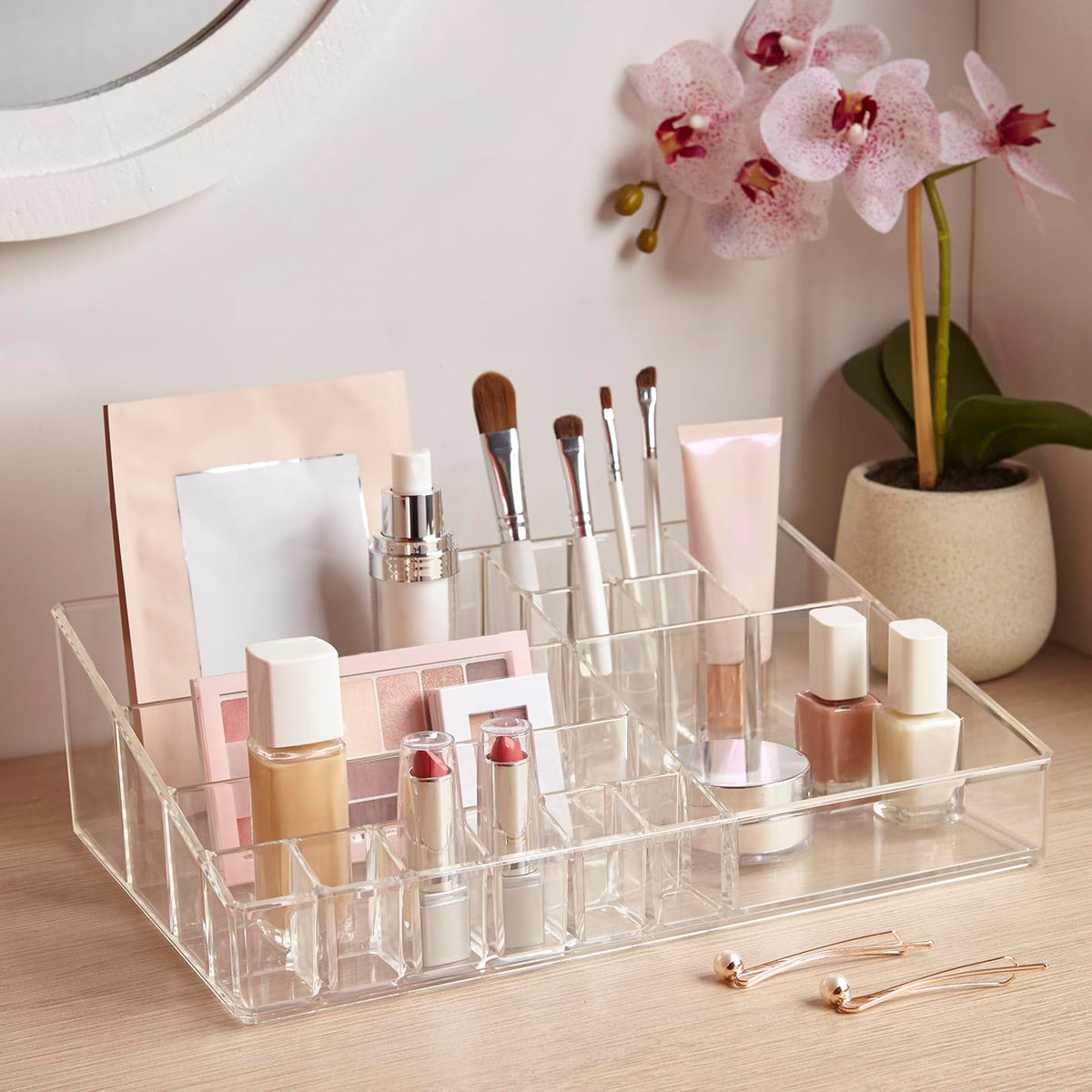 STORi styled on a bathroom counter showing tidy storage and aesthetic appeal