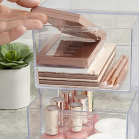 STORi Audrey on a bathroom shelf with folded towels showing neat lifestyle storage