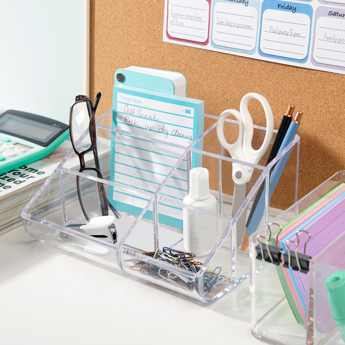 STORi organizer in use on vanity keeps daily makeup items visible and tidy