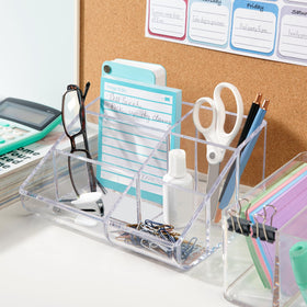 STORi organizer in use on vanity keeps daily makeup items visible and tidy