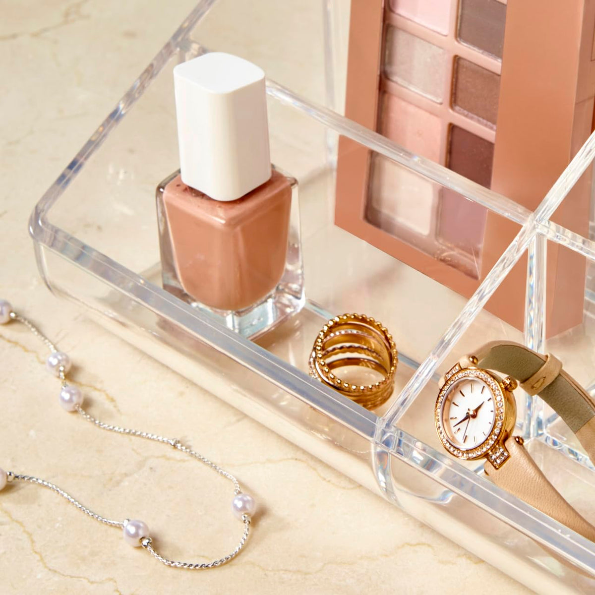 STORi organizer in bathroom setting creating clutter-free, efficient routine