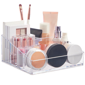 STORi front view of clear organizer showing tidy cosmetics and quick access benefit