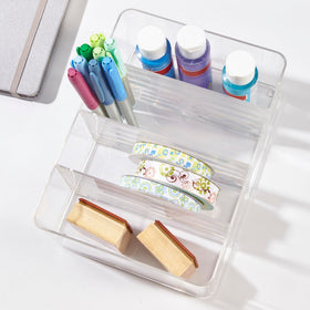 STORi on bathroom counter in lifestyle scene reducing countertop clutter benefit