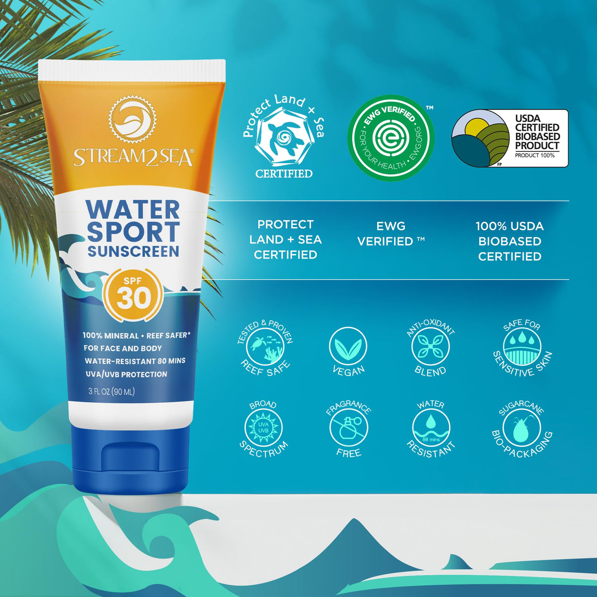 STREAM 2 SEA label close-up highlighting ingredients and reef-safe claim