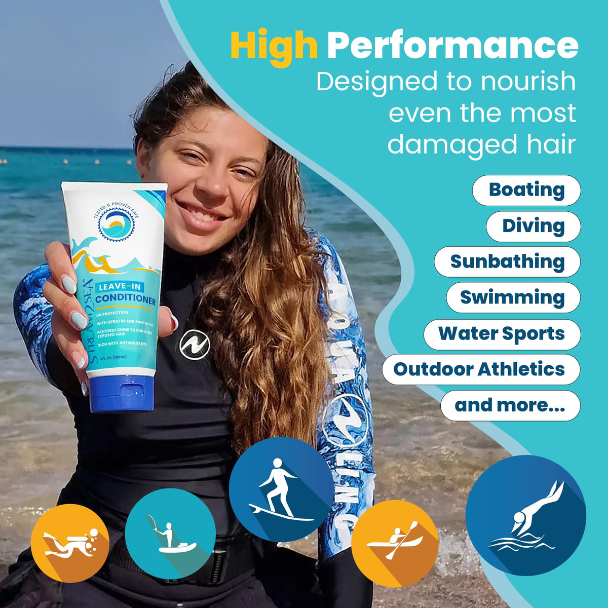 STREAM 2 SEA model spraying hair after swim to show restored manageability