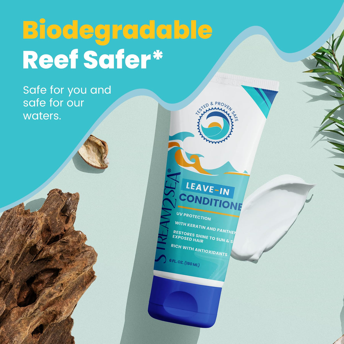 STREAM 2 SEA label close-up highlighting reef-safe and paraben-free benefit