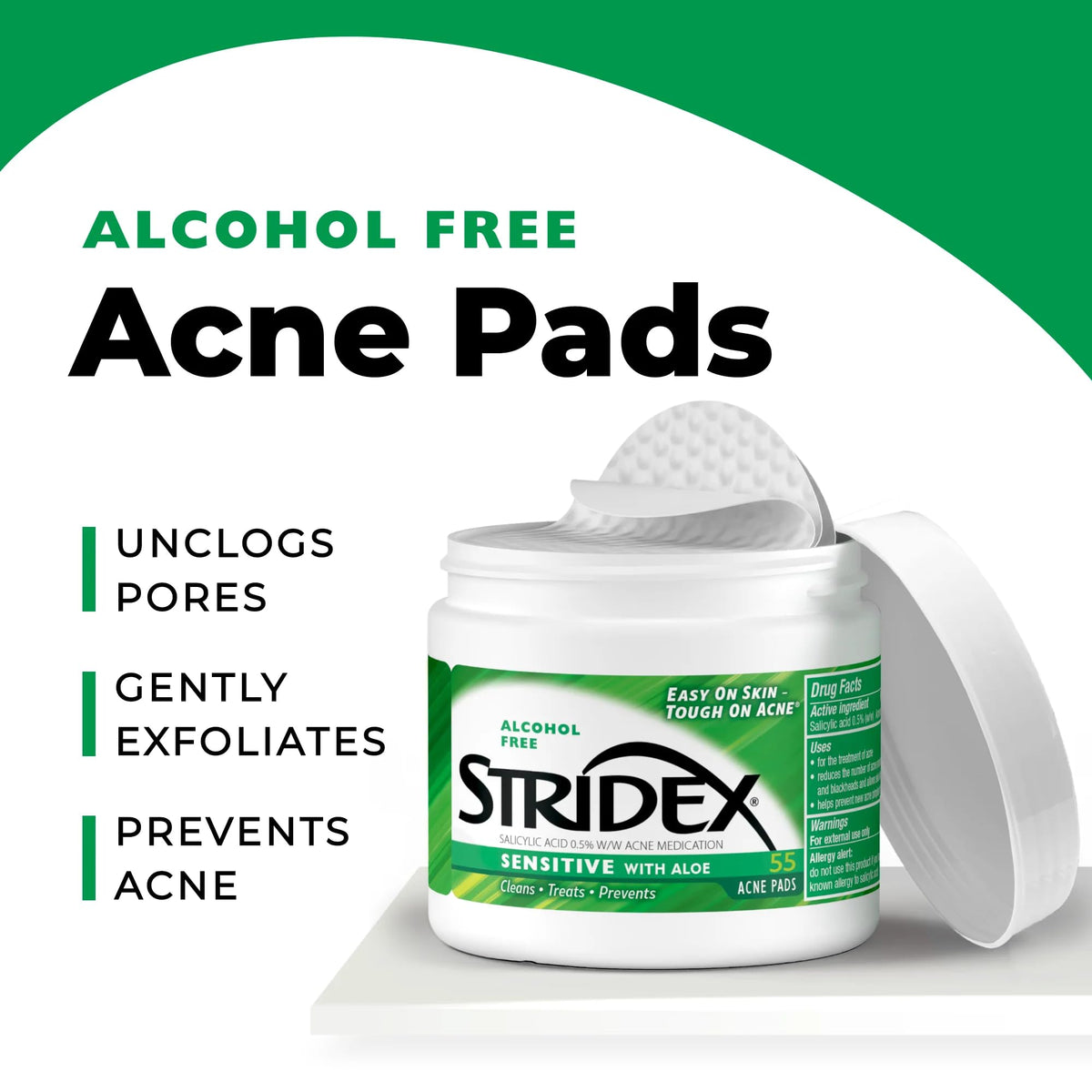 Hand holding a Stridex pad for size comparison demonstrating easy single-use portioning - travel friendly