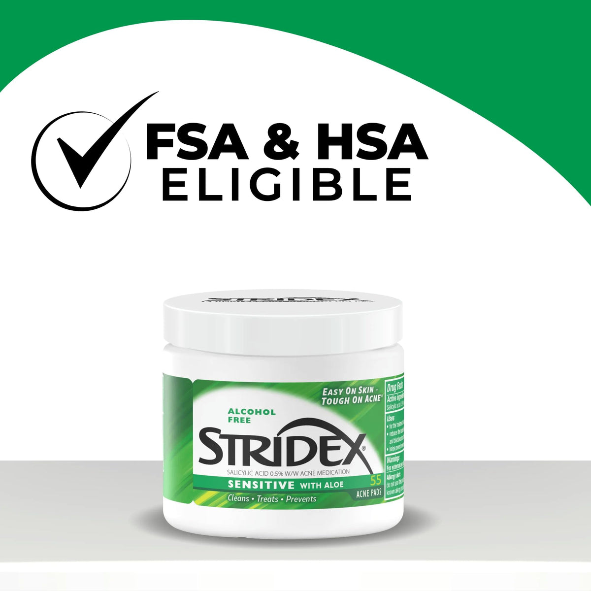 Stridex Sensitive open container revealing 55 pre-soaked pads - quick convenience