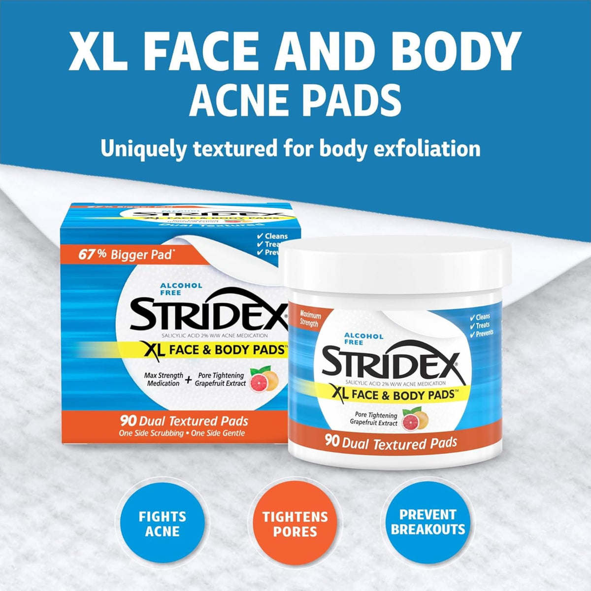 Stridex XL pad next to ruler to show larger size for wider coverage