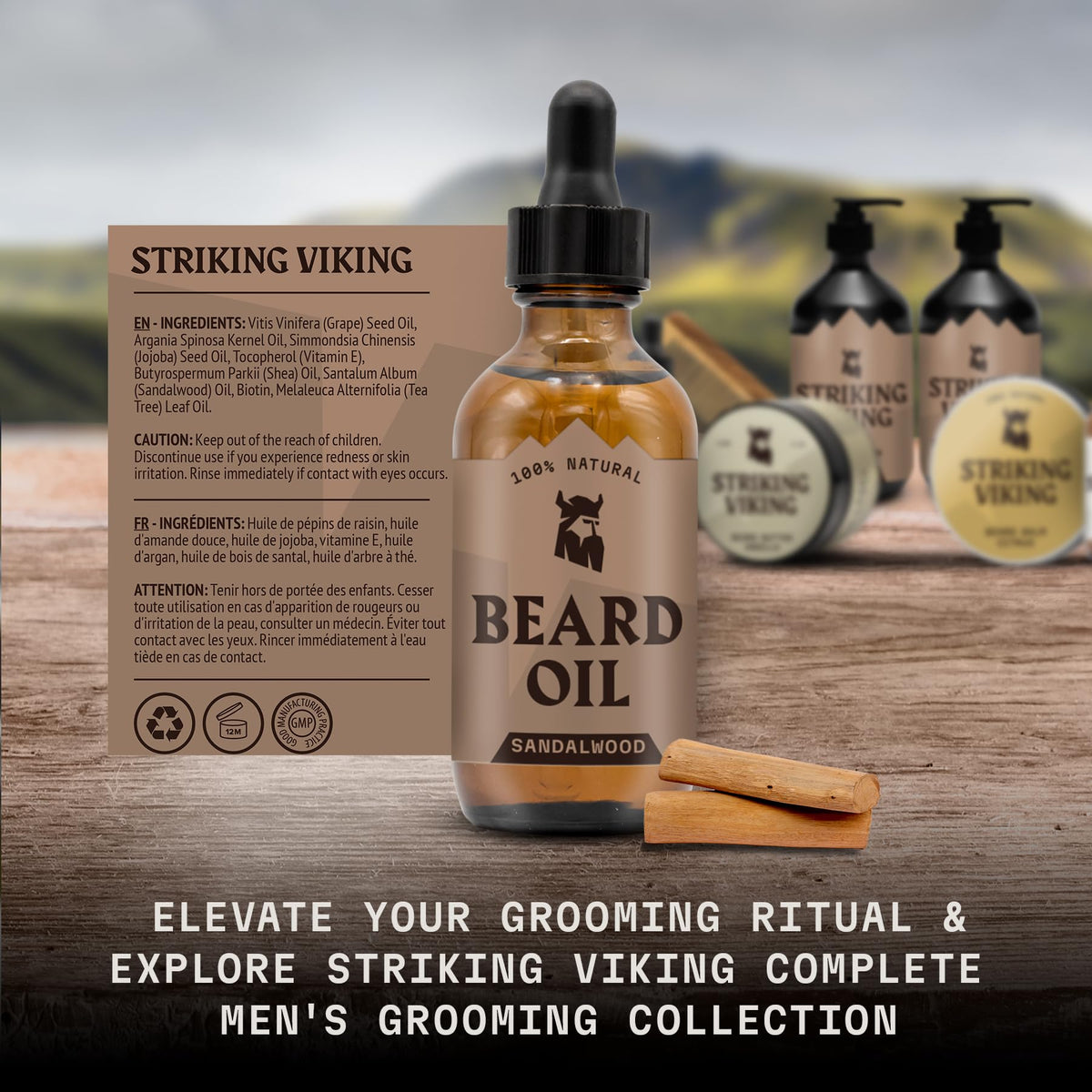 Striking Viking bottle staged with comb and trimmer for daily styling ease