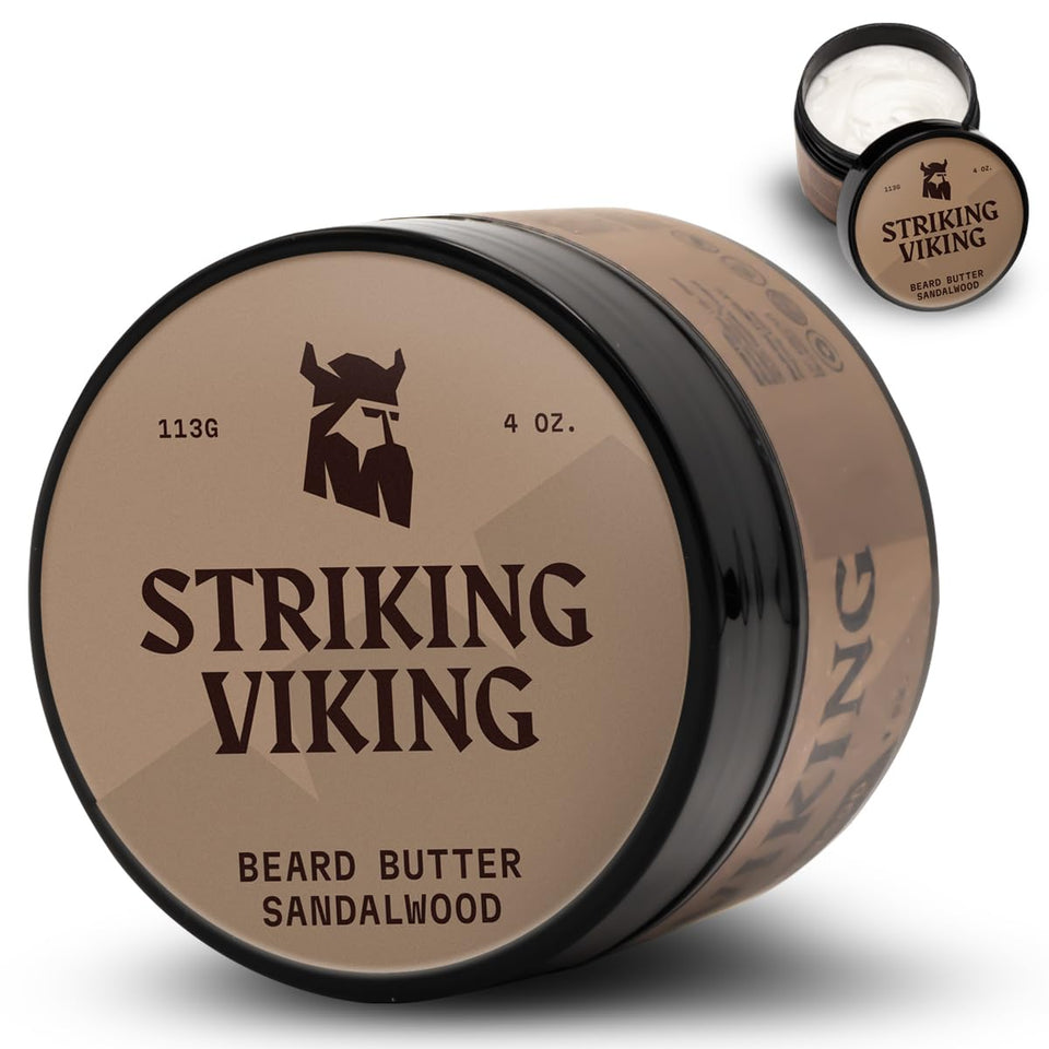Striking Viking front label of 4oz sandalwood beard softener showing product identity and benefit