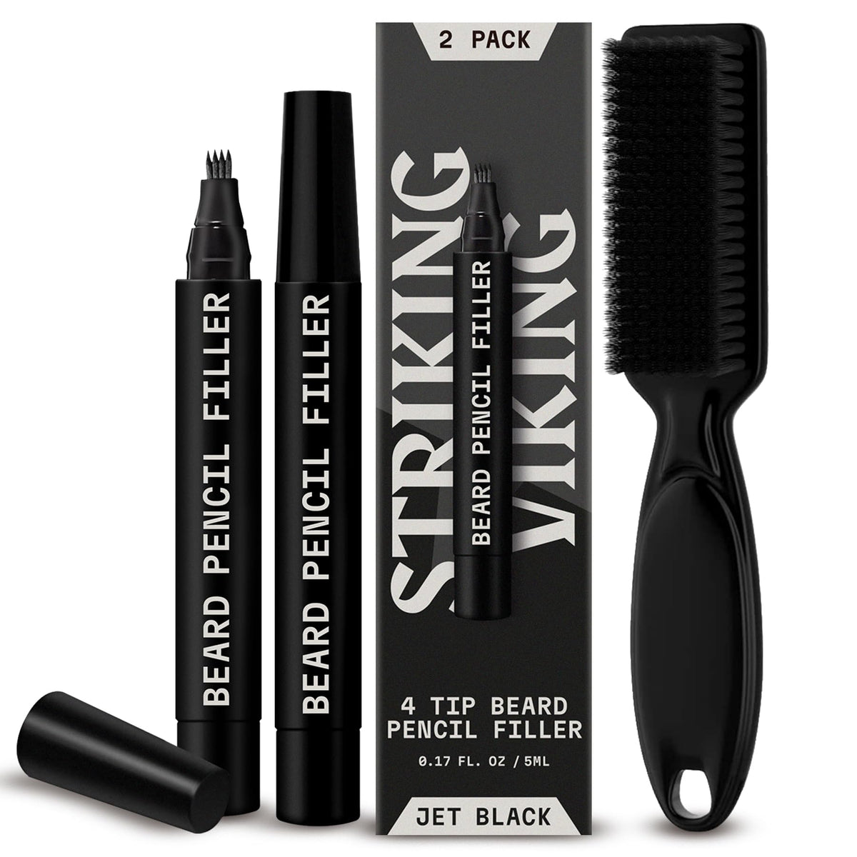 Striking Viking front packaging showing two jet black beard pens and benefits