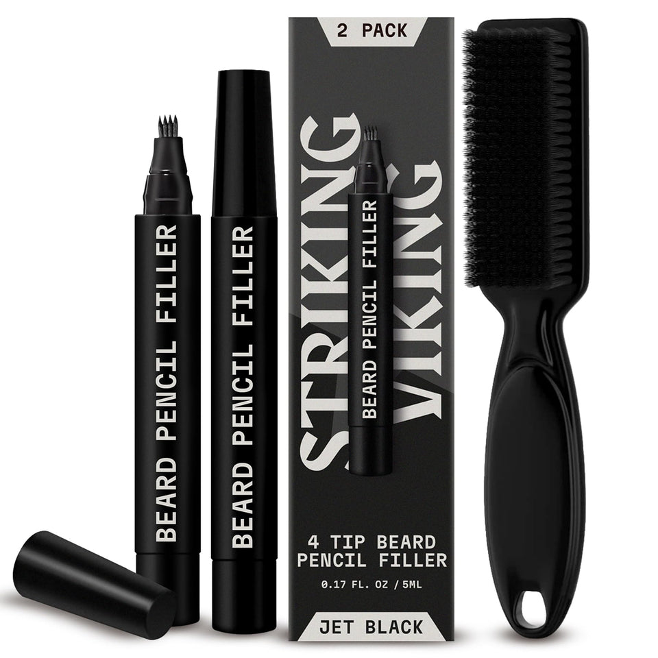 Striking Viking front packaging showing two jet black beard pens and benefits