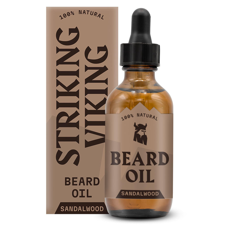Striking Viking front packaging showing sandalwood beard oil, clear hydration benefit