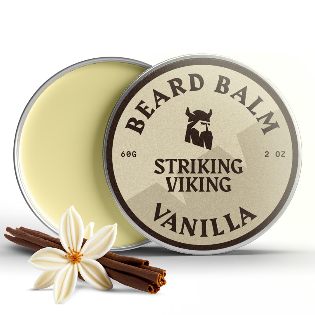 striking viking front tin beard balm showing clean packaging and easy grip benefit