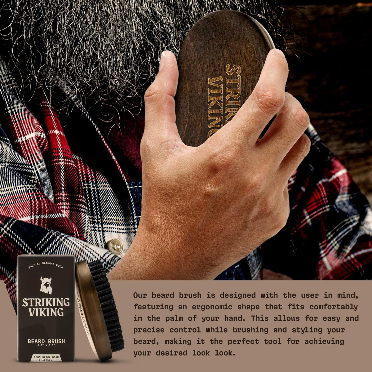 Striking Viking in-use brushing a medium beard for smoother, well-groomed facial hair