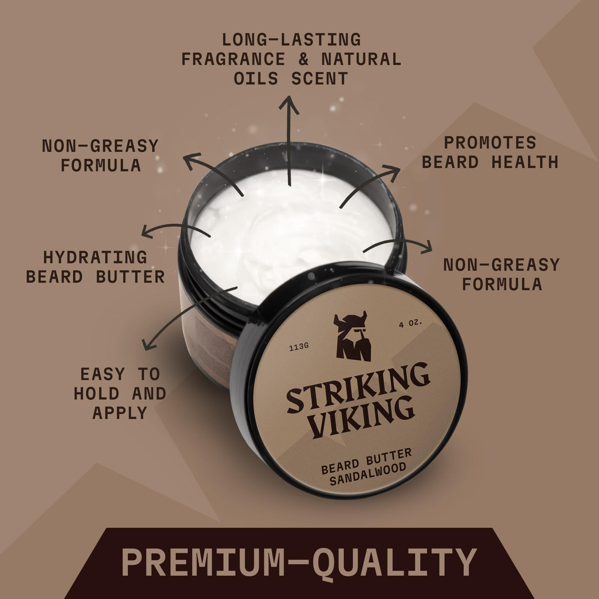 Striking Viking open jar displaying smooth cream texture for fast absorption and non-greasy feel