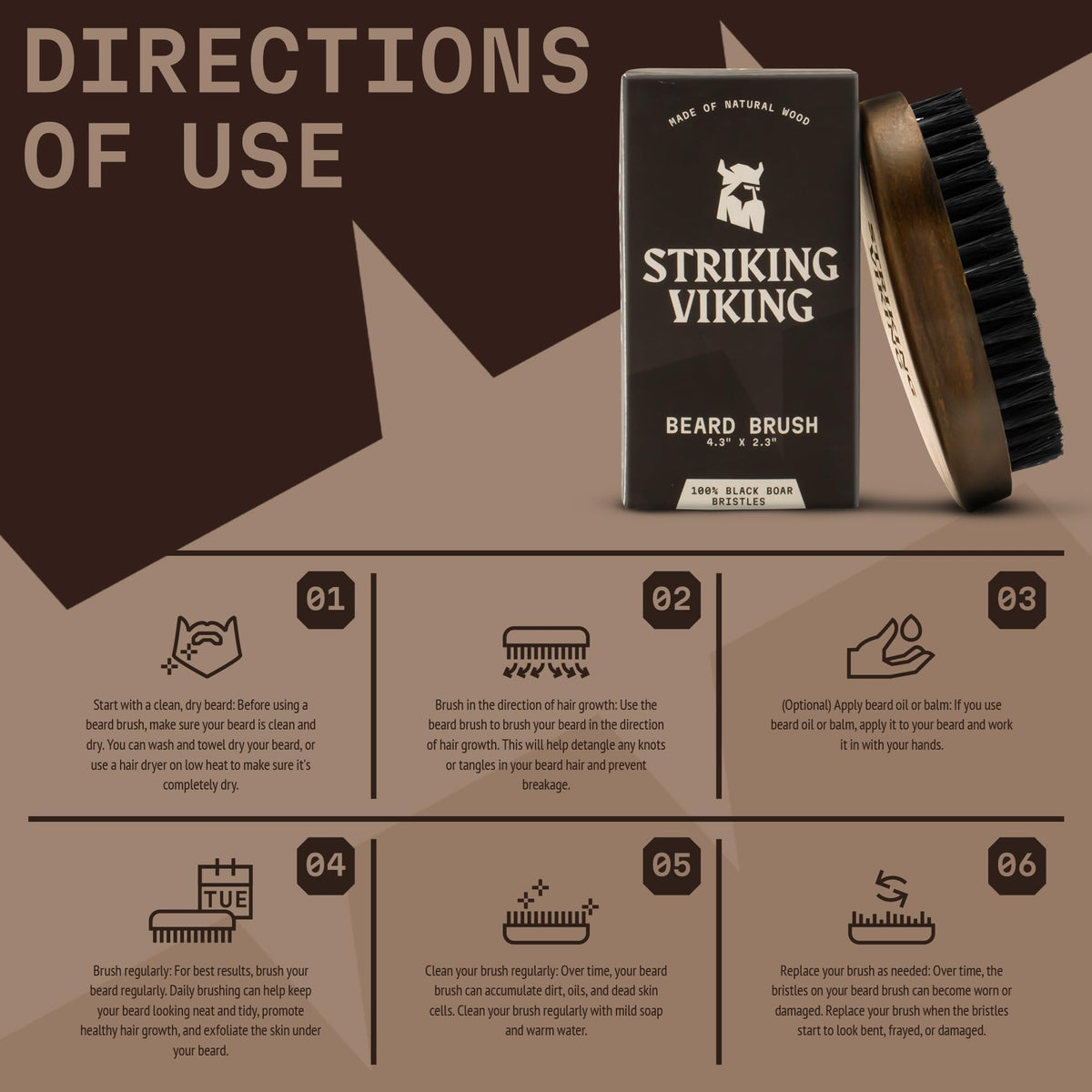 Striking Viking brush staged with beard oil and comb showing a complete grooming routine