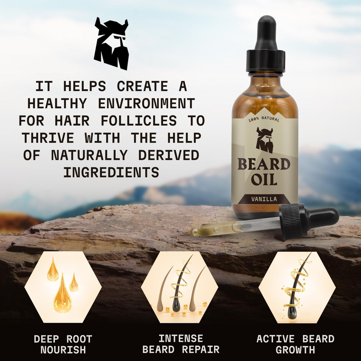Striking Viking with argan and jojoba oils flatlay highlighting natural ingredients