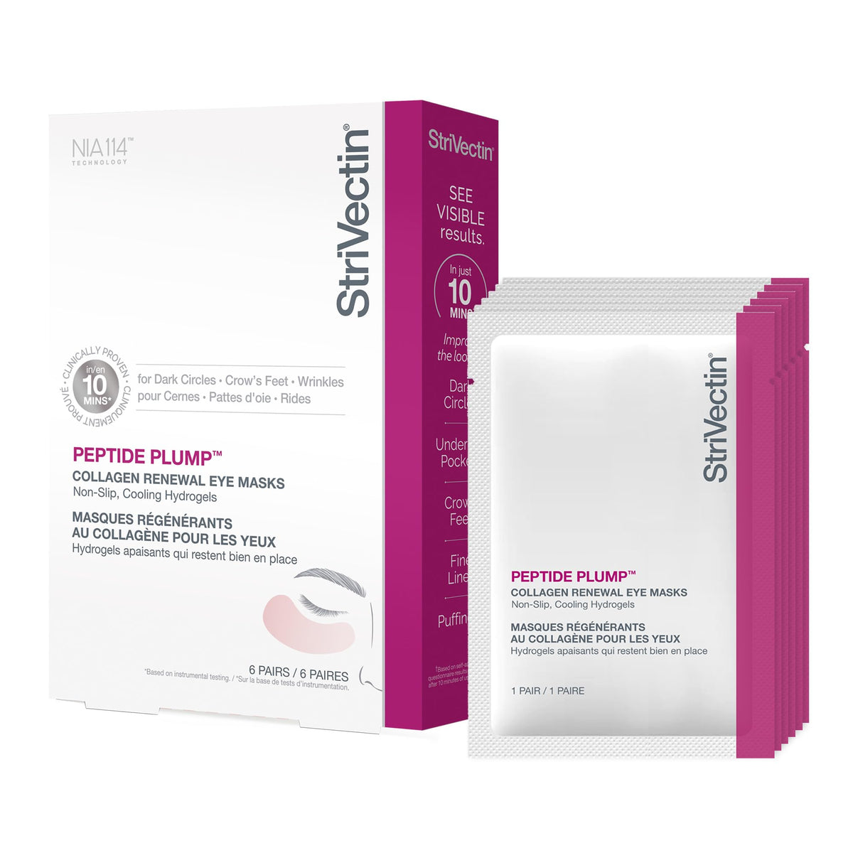 StriVectin front packaging showing six individually wrapped eye mask pairs and brand