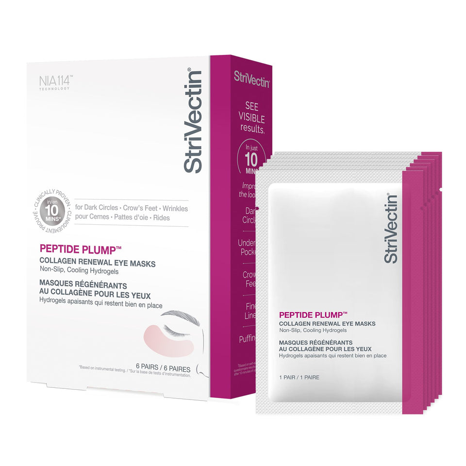 StriVectin front packaging showing six individually wrapped eye mask pairs and brand