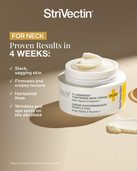 StriVectin being applied to neck demonstrating proper upward strokes for lifting effect