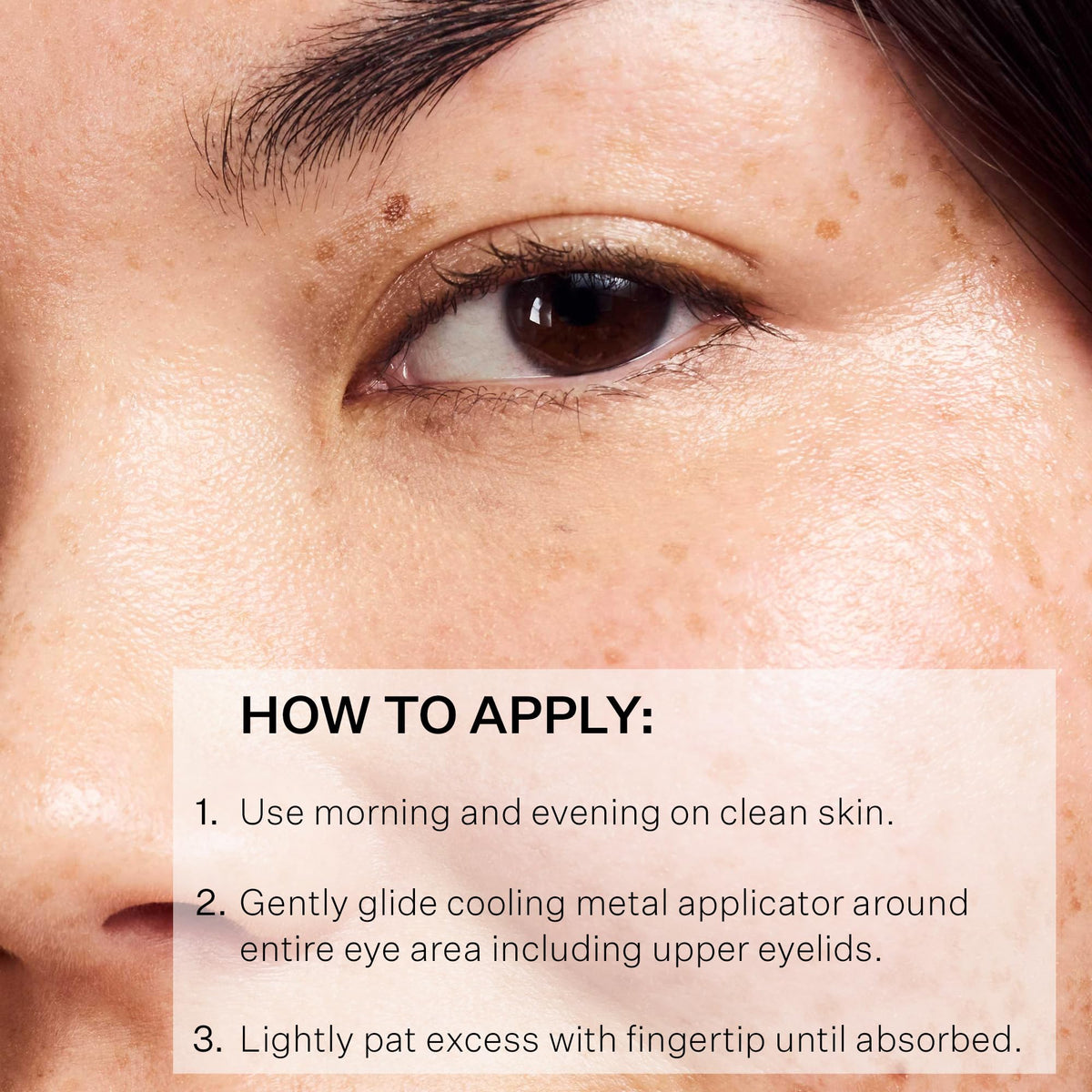 StriVectin being applied around orbital bone, helps depuff and smooth under-eye area