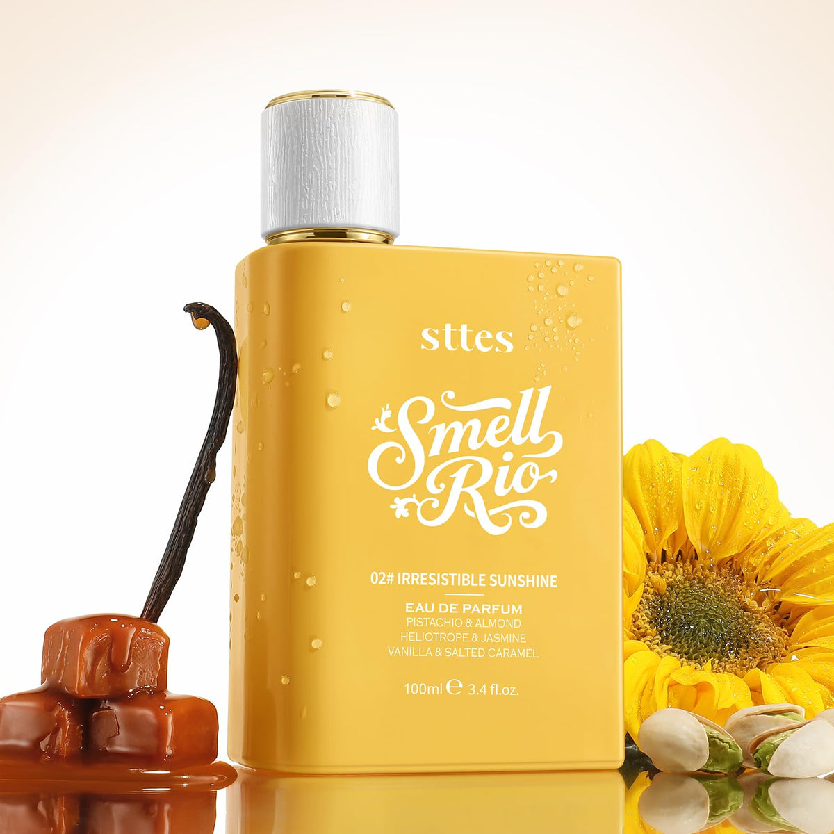 Pistachios and vanilla pods beside Sttes bottle illustrating scent inspiration