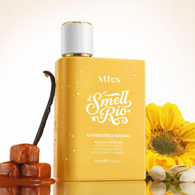 Pistachios and vanilla pods beside Sttes bottle illustrating scent inspiration