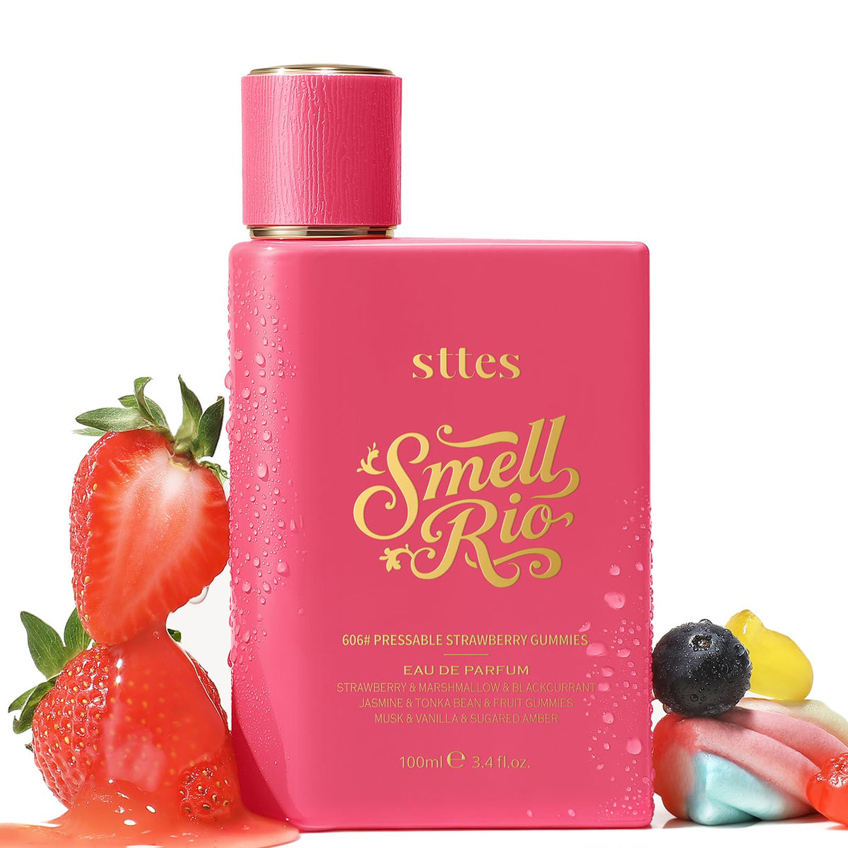 Sttes bottle front view highlighting playful strawberry scent and gift appeal