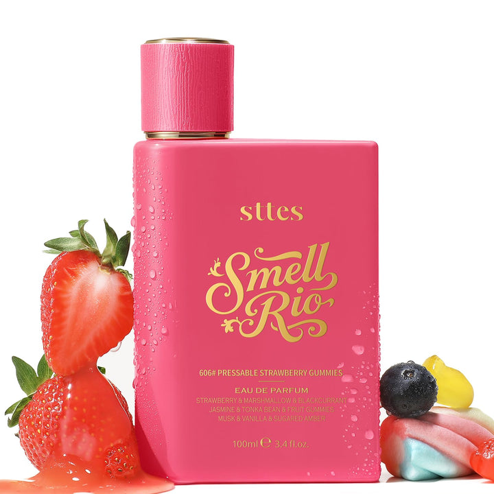 Sttes bottle front view highlighting playful strawberry scent and gift appeal