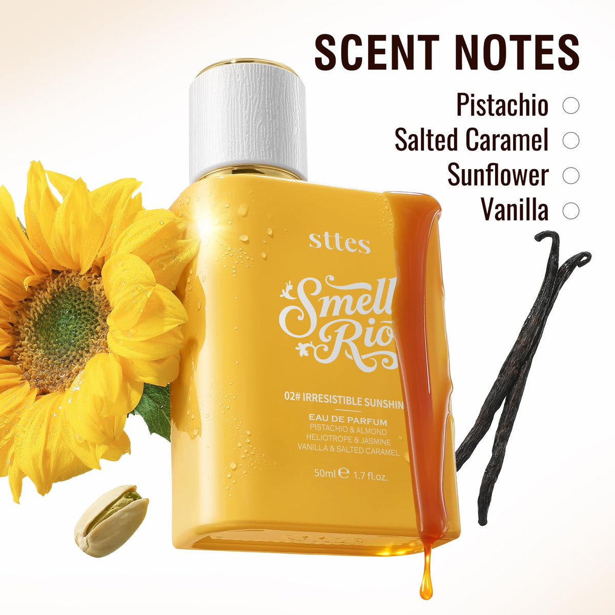 Sttes pistachio and almond ingredients close-up suggesting creamy top notes benefit: gourmand warmth